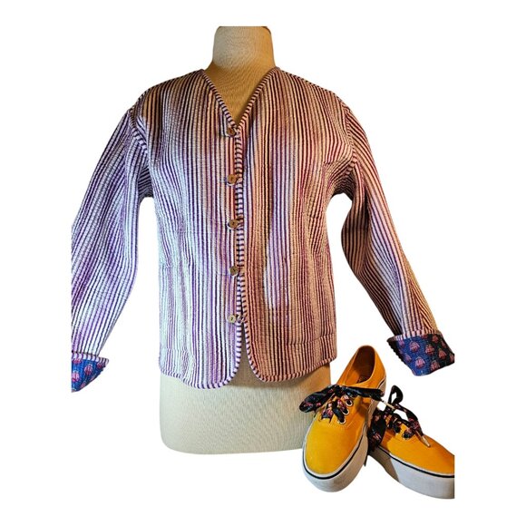 Quilted jacket, Blue/pink Lotus, screen print, 100 % cotton, reversible stripe - Picture 3 of 13